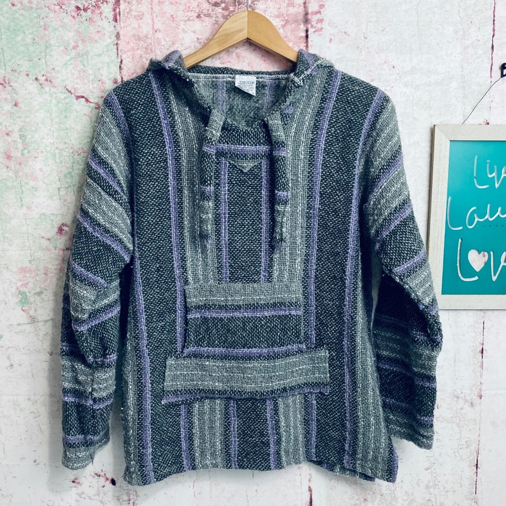 Artesanias Vega Baja Hoodie Purple Grey Striped Woven Mexican Poncho Size 16